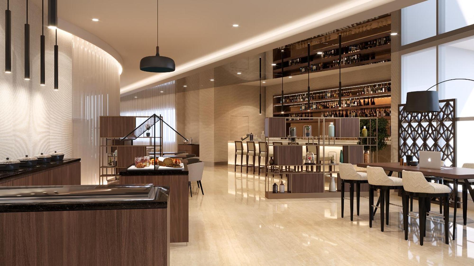 Grand Millennium Al Wahda Hotel And Executive Apartments Abu Dhabi Exterior photo The photo depicts a modern dining or lounge area featuring a sleek and elegant design. The space is well-lit, with a combination of ambient and natural lighting. There are various wooden furnishings, including tables and a bar area.

In the foregroun